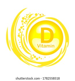 Vitamin D Icon with Sun. Vitamin D glossy label or icon. Healthy life medical and dietary supplement. Health care concept. Icon isolated white background. 2 November - Vitamin D day. Vector