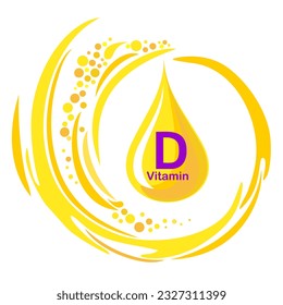 Vitamin D Icon with Sun. Vitamin D glossy label or icon. Healthy life medical and dietary supplement. Health care concept. Icon isolated white background. 2 November - Vitamin D day. Vector