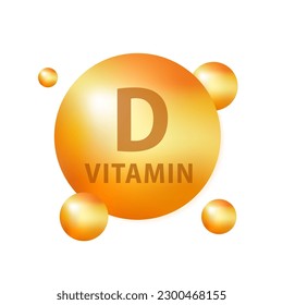 Vitamin D Icon with Sun. Vitamin d yellow capsule. 3D Yellow drug nutrition design. Essential vitamin complex. Healthy life concept. Beauty, nutrition skin care, pharmacy, diet .Vector illustration