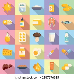 Vitamin D icons set flat vector. Medical supplement. Omega health
