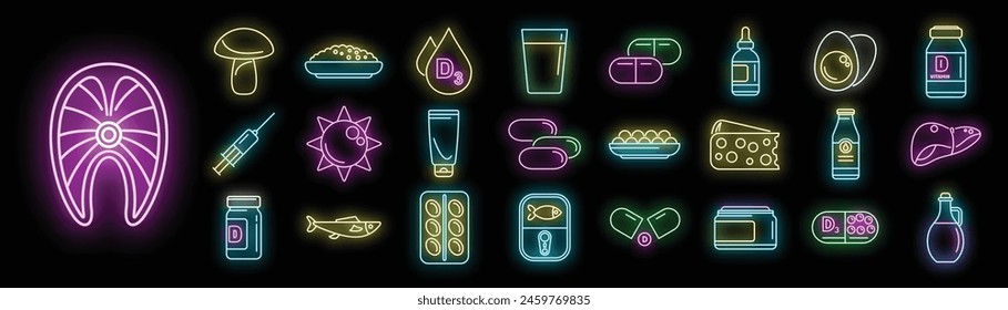 Vitamin D icons set outline vector. Medical supplement. Omega health neon color on black