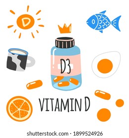 Vitamin D. Jar with pills, sun, fish, milk, orange, egg. Flat cartoon vector illustration, hand drawn style, isolated on white. Positive, health, beauty and wellness concept.