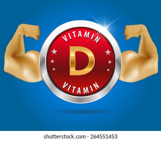 Vitamin D label silver badge on blue background - vector eps10
