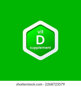 Vitamin D label vector or vitamin D icon vector isolated on green background. Simple Vitamin D label vector for product packaging design. Best Vitamin D vector supplement packaging.