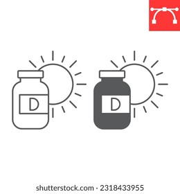 Línea de vitamina D e icono de glifo, suplementos y salud, icono del vector de botella de vitamina D, gráficos vectoriales, símbolo de contorno de trazo editable, eps 10.