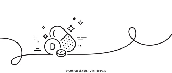 Vitamin D line icon. Continuous one line with curl. Food nutrient sign. Capsule or pill supplement symbol. Vitamin D single outline ribbon. Loop curve pattern. Vector