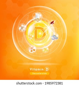 Vitamin D. Medicine capsule, Orange substance. Salmon, egg yolk and milk that neutralize free radicals. With chemical formula. Anti aging beauty enhancement concept and health care. 3D vector EPS10.