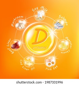 Vitamin D. Medicine capsule, Orange substance. Salmon, egg yolk and milk that neutralize free radicals. With chemical formula. Anti aging beauty enhancement concept and health care. 3D vector EPS10.