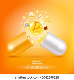 Vitamin D. Medicine capsule, Orange substance. Salmon, egg yolk and milk that neutralize free radicals. With chemical formula. Anti aging beauty enhancement concept and health care. 3D vector EPS10.