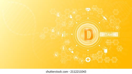 Vitamin D and Mineral supplements complex pharmaceutical capsule. Vitamins food sources and functions. Health care and science icon pattern medical innovation. On a orange background. Vector EPS 10.