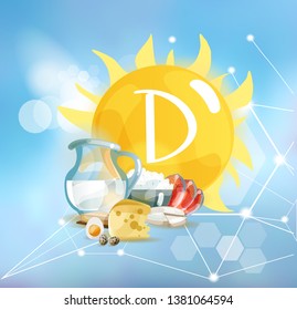 Vitamin D. Natural organic products with a high content of trace elements and the conventional symbol Vitamin D on a modern background with polygonal elements.