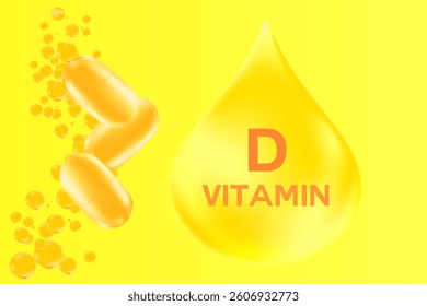Vitamin D oil drop, 3D pill or capsules icon, glowing gradient background. Fluid orange flowing fizz bubbles, health nutrition supplement, beauty skin serum products