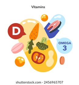 Vitamina D y Omega 3 concepto. Alimentos nutritivos y suplementos para la salud. Nutrientes esenciales para una dieta equilibrada. Ilustración vectorial.