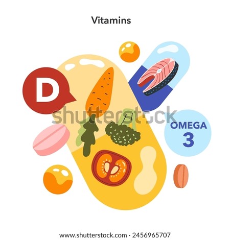 Vitamin D and Omega 3 concept. Nutritious foods and supplements for health. Essential nutrients for a balanced diet. Vector illustration.
