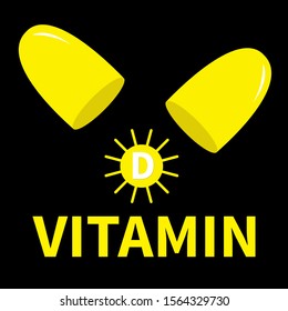 Vitamin D open capsule pill icon set. Sun shape. Yellow color. Fish oil supplements. Healthy lifestyle diet concept. Flat design. Black background. Isolated. Vector illustration.