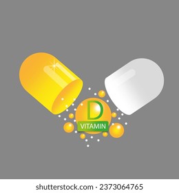 Vitamin D in offener gelber Kapsel. Pille. Vektorgrafik. EPS10.