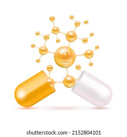 Vitamin D Orange in Kapsel. Vitaminkomplexe und Mineralien in molekularer Form. Diätetische Zuschläge für die Werbung für Apotheken. Science Medic Konzept. Einzeln auf weißem Hintergrund. Vektor EPS10.
