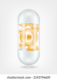 Vitamin D orange inside capsule pill transparent white. Health care beauty enhancement neutralize free radicals. Used for nutrition products food template design. 3D Realistic Vector EPS10.