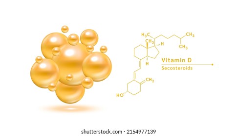 Vitamin D orange structural chemical formula. Hyaluronic acid skin collagen serum. Vitamin complex isolated on white background. Medical scientific concepts. 3D vector illustration.