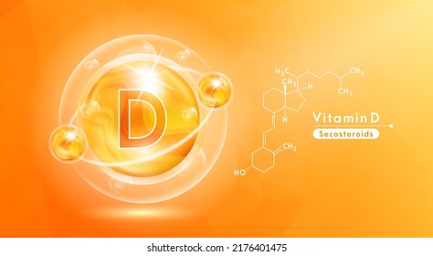 Vitamina D naranja y estructura. Complejo de vitaminas de pastillas y fórmula química sérica de colágeno de burbujas. Tratamiento de belleza nutrición diseño de cuidado de la piel. Conceptos médicos y científicos. EPS10 vectores 3D.