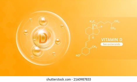 Vitamin D orange and structure. Vitamin solution complex with Chemical formula from nature. Beauty treatment nutrition skin care design. Medical and scientific concepts. Banner 3D vector EPS10. svg