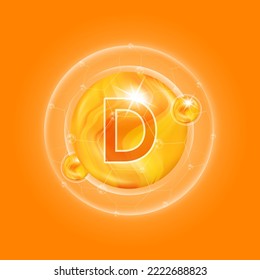 Vitamin D orange. Vitamins complex and bubble collagen serum chemical formula. For food supplement design and beauty treatment skin care. Medical and scientific concepts. 3D Vector EPS10.