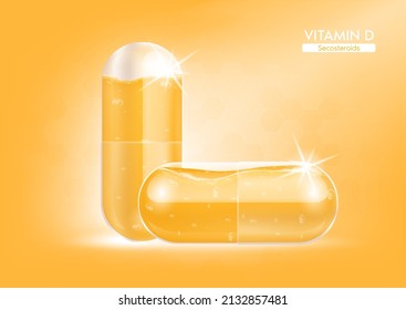 Vitamin D orange water in capsule. Vitamin complex bright colours with Chemical formula from nature. Health supplement skin care anti-aging and beauty. Medical and scientific. 3D Realistic Vector.
