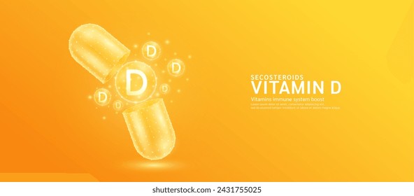 Cápsula de la píldora de la vitamina D abierta con la bola de la burbuja naranja flotan hacia fuera en el polígono del estilo. El colágeno y los minerales complementan la atención sanitaria esencial. Concepto médico y farmacéutico. Vector de pancarta.