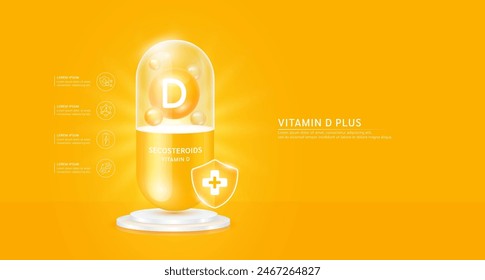 Vitamina D plus en cápsula naranja con escudo cruzado en el podio. Colágeno antibiótico y minerales esenciales para la salud. Para anuncios de suplementos dietéticos y farmacia médica de belleza. Vector.