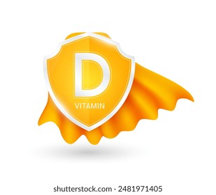 Vitamin D plus in Schild Ritter orange Umhang. Schützen und bauen Sie eine gesunde Immunität auf. Vitamine und Mineralstoffe essenziell. Für Anzeigen Nahrungsergänzungsmittel medizinische Apotheke. Vektorgrafik EPS10 Abbildung.