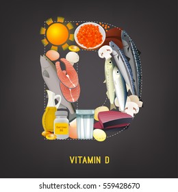 Vitamin D products. Beautiful vector illustration in modern style on a dark grey background. Top foods highest in Vitamin D in a shape of a letter.