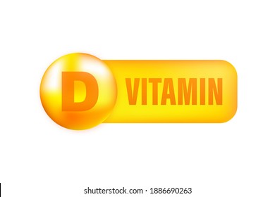 Vitamin D with realistic drop on gray background. Particles of vitamins in the middle. Vector illustration.