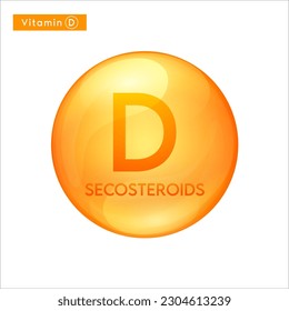Vitamin D secosteroid orange icon 3D. Essential multivitamin supplement. Beauty nutrition skincare. Pill capsule vitamins complex. For cosmetic product design. Medical sealthy life concept. Vector.