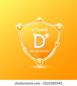 Vitamin D Secosteroide in orangefarbenem Molekülschild. Obst-Gemüse-Muster. Ergänzungen zum Schutz der Gesundheit. Für Nahrungsmittel. Vektorgrafik.