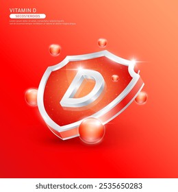 Vitamina D o Secosteroids en forma de escudo de plata y átomo rojo. Proteja el cuerpo y manténgase saludable. Utilizado para los productos alimenticios de la nutrición. Conceptos científicos médicos. Vector 3D aislado EPS10 ilustración.