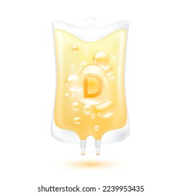 Vitamin D serum bubbles collagen yellow inside plastic saline bag. IV drip vitamins minerals beauty skincare intravenous. Medical concept. Isolated realistic on white background 3D vector.