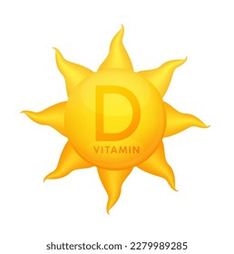 Forma de vitamina D del sol fondo blanco aislado. diseño de logotipo para complementar el símbolo médico y la inmunidad. Icono amarillo anaranjado vector 3D Ilustración EPS10