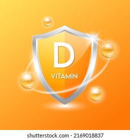 Vitamin D shield with orange atom. Protect the body stay healthy. For nutrition products food. Medical scientific concepts. Vector illustration. svg