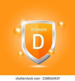 Vitamin D shield with orange atom circle bubbles surround. Protect body stay healthy. Medical scientific concept. For nutrition products food.  Vector illustration 3D. Natural extracts.