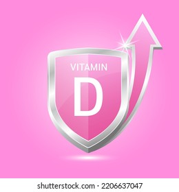 Vitamin D shield with pink atom, an up arrow. Vector illustration 3D. Protect body stay healthy, protection from chemicals entering body. For nutrition products food. Medical scientific concepts. 