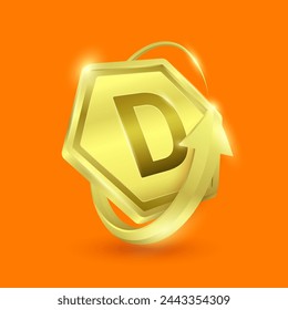 Vitamin D in shine gold hexagon shape surrounded by arrows. Used for design dietary supplement products. Vitamins label symbol 3D on orange background. Isolated vector EPS10 illustration.