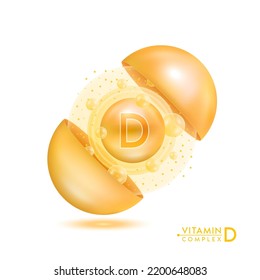 Vitamin D shining pill capsule. Skincare beauty treatment with vitamins complex with secosteroids. Orange ball with bubbles isolated on white background. Cosmetic beauty product design vector. 