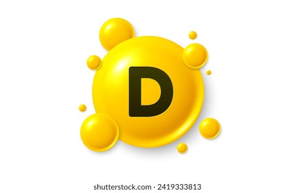 Vitamin D shining pill capsule icon. Shining golden substance drop. Meds ads. Medical nutrition for health. Pharmacy healthcare supplements. Vitamin D medicine. Vector illustration.