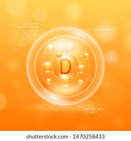 Vitamin D Lösung orange und chemische Struktur von Secosteroiden. Fettlösliche Vitamine. Kollagen Serum Hyaluronsäure mit Antioxidantien für hellere Haut. Kosmetische Schönheitsnahrung. Vektorgrafik.