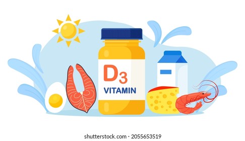 Vitamin D sources. Food enriched with cholecalciferol. Dairy products, fatty fish, cheese, shrimps and eggs. Dietetic organic nutrition. Food supplements and sunbathing for deficiency reduction