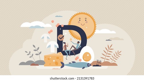 Vitamin D sources with food supplements and sun light tiny person concept. Nutrition for immune system and immunity vector illustration. Eat cheese, dairy, egg, fatty fish and omega for normal level.