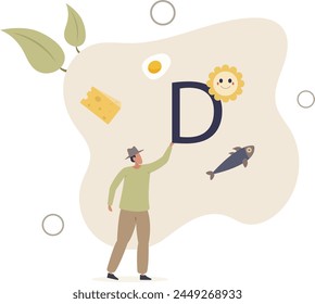 Vitamin D sources with food supplements and sun light.Eat cheese, dairy, egg, fatty fish and omega for normal level.flat vector illustration.