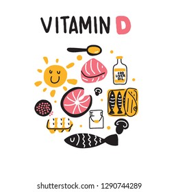 Vitamin D sources. Hand drawn circle illustration of different food rich of vitamin d. Vector