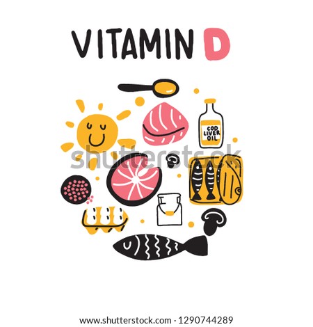 Vitamin D sources. Hand drawn circle illustration of different food rich of vitamin d. Vector