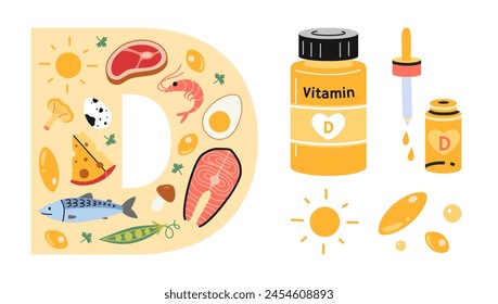 Vitamin D sources set with food rich in it, tablets, capsules and drops. Sea food, fish, meat, dairy products, eggs, vegetabless and pharmacy products. Isolated cartoon vector illustration, flat